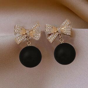 Rhinestone Bow Dangle Earringd Black